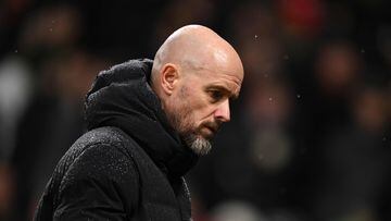 Manchester United's Dutch manager Erik ten Hag leaves at half-time in the English Premier League football match between Manchester United and Bournemouth at Old Trafford in Manchester, north west England, on December 9, 2023. (Photo by Oli SCARFF / AFP) / RESTRICTED TO EDITORIAL USE. No use with unauthorized audio, video, data, fixture lists, club/league logos or 'live' services. Online in-match use limited to 120 images. An additional 40 images may be used in extra time. No video emulation. Social media in-match use limited to 120 images. An additional 40 images may be used in extra time. No use in betting publications, games or single club/league/player publications. / 