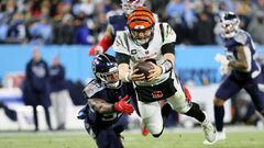 Bengals quarterback Joe Burrow ties Warren Moon&rsquo;s record for most times sacked in a playoff game in Divisional Round win over Tennessee Titans.