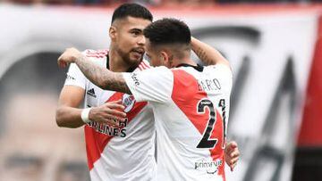 BUENOS AIRES, ARGENTINA - MARCH 05: Paulo Diaz of River Plate celebrates with teammate Esequiel Barco after scoring the first goal of his team during a match between San Lorenzo and River Plate as part of Copa de la Liga 2022 at Pedro Bidegain Stadium on March 5, 2022 in Buenos Aires, Argentina. (Photo by Rodrigo Valle/Getty Images)