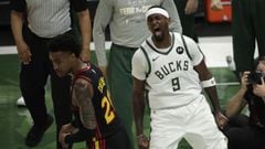 Milwaukee Bucks&#039; Bobby Portis (9) reacts after dunking during the first half of Game 5 of the NBA Eastern Conference Finals against the Atlanta Hawks Thursday, July 1, 2021, in Milwaukee. (AP Photo/Aaron Gash)