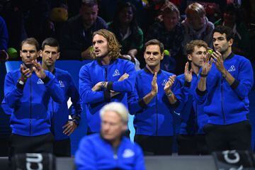 Equipo de Europa. Rafa Nadal, Novak Djokovic, Stefanos Tsitsipas, Roger Federer, CAsper Ruud y Mateo Berrettini.