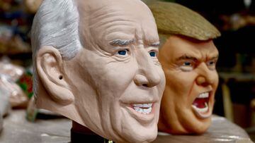 Rubber masks of US President-elect Joe Biden (L) and US President Donald Trump are seen at the Ogawa Studios mask factory in Saitama, north of Tokyo on November 12, 2020. (Photo by Behrouz MEHRI / AFP)