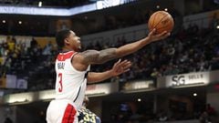 Feb 5, 2018; Indianapolis, IN, USA; Washington Wizards guard Bradley Beal (3) takes a shot against Indiana Pacers center Myles Turner (33) during the first quarter at Bankers Life Fieldhouse. Mandatory Credit: Brian Spurlock-USA TODAY Sports