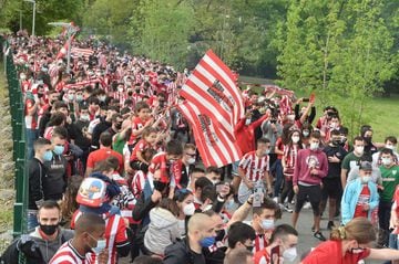 Athletic Club fans gather to wave the team bus off from Bilbao as it travels down to Seville for the Copa del Rey final.