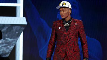 Bennedict Mathurin (Arizona) reacts after being selected as the number six overall pick by the Indiana Pacers in the first round of the 2022 NBA Draft at Barclays Center.