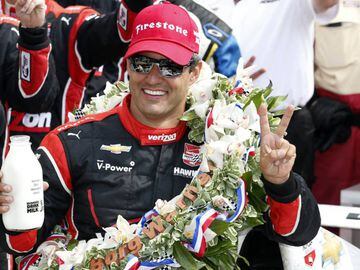 May 24, 2015; Indianapolis, IN, USA; IndyCar Series driver Juan Pablo Montoya poses for a photo after winning the 2015 Indianapolis 500 at Indianapolis Motor Speedway. Mandatory Credit: Brian Spurlock-USA TODAY Sports