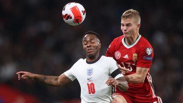 Soccer Football - World Cup - UEFA Qualifiers - Group I - England v Hungary - Wembley Stadium, London, Britain - October 12, 2021 England&#039;s Raheem Sterling in action with Hungary&#039;s Andras Schafer Action Images via Reuters/Carl Recine