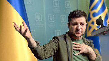 Ukrainian President Volodymyr Zelensky gestures as he speaks during a press conference in Kyiv on March 3, 2022.