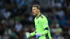 MOENCHENGLADBACH, GERMANY - JUNE 14: Manuel Neuer of Germany celebrates during the UEFA Nations League League A Group 3 match between Germany and England at Borussia Park Stadium on June 14, 2022 in Moenchengladbach, Germany. (Photo by Marvin Ibo Guengoer/GES Sportfoto via Getty Images)