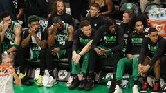 BOSTON, MASSACHUSETTS - MAY 29: Boston Celtics players react on the bench during the fourth quarter against the Miami Heat in game seven of the Eastern Conference Finals at TD Garden on May 29, 2023 in Boston, Massachusetts. NOTE TO USER: User expressly acknowledges and agrees that, by downloading and or using this photograph, User is consenting to the terms and conditions of the Getty Images License Agreement.   Adam Glanzman/Getty Images/AFP (Photo by Adam Glanzman / GETTY IMAGES NORTH AMERICA / Getty Images via AFP)