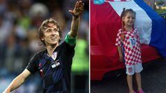Im&aacute;genes de Luka Modric saludando a la grada despu&eacute;s de marcar un gol con Croacia y de una ni&ntilde;a croata gran admiradora suya, Selena.