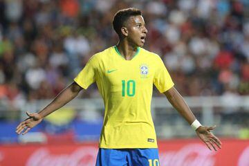 Brazil's Rodrygo celebrates after scoring against Venezuela.