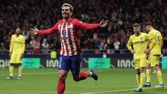 Atletico Madrid's French forward #07 Antoine Griezmann celebrtaes scoring his team's second goal during the Spanish league football match between Club Atletico de Madrid and Villarreal CF at the Civitas Metropolitano stadium in Madrid on November 12, 2023. (Photo by Thomas COEX / AFP)