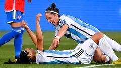 AUCKLAND, NEW ZEALAND - FEBRUARY 17: Eliana Stabile (L) of Argentina celebrates with Mariana Larroquette after scoring a goal during the International Friendly match between Argentina and Chile as part of the 2023 FIFA World Cup Play Off Tournament at North Harbour Stadium on February 17, 2023 in Auckland, New Zealand. (Photo by Hannah Peters - FIFA/FIFA via Getty Images)