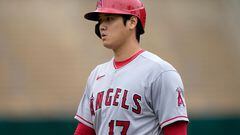 OAKLAND, CALIFORNIA - SEPTEMBER 02: Shohei Ohtani #17 of the Los Angeles Angels looks on while standing on first base after drawing a walk against the Oakland Athletics in the top of the first inning at RingCentral Coliseum on September 02, 2023 in Oakland, California.   Thearon W. Henderson/Getty Images/AFP (Photo by Thearon W. Henderson / GETTY IMAGES NORTH AMERICA / Getty Images via AFP)