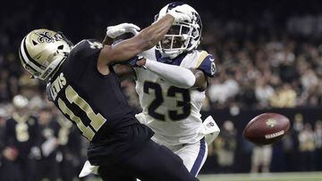 FILE - In this Jan. 20, 2019, file photo, Los Angeles Rams&#039; Nickell Robey-Coleman breaks up a pass intended for New Orleans Saints&#039; Tommylee Lewis during the second half of the NFL football NFC championship game in New Orleans. Robey-Coleman says he received &quot;one or two&quot; death threats from frustrated New Orleans Saints fans on social media after the NFC championship game.  (AP Photo/Gerald Herbert, File)