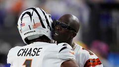 CINCINNATI, OHIO - SEPTEMBER 25: Ja'Marr Chase #1 of the Cincinnati Bengals hugs Former Player Chad Ochocinco Johnson shouts on the sidelines prior to the game between the Los Angeles Rams and the Cincinnati Bengals at Paycor Stadium on September 25, 2023 in Cincinnati, Ohio.   Dylan Buell/Getty Images/AFP (Photo by Dylan Buell / GETTY IMAGES NORTH AMERICA / Getty Images via AFP)