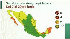 Mapa del sem&aacute;foro epidemiol&oacute;gico en M&eacute;xico del 7 al 20 de junio
