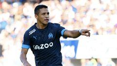 Marseille's Chilean forward Alexis Sanchez celebrates after scoring his team's second goal during the French L1 football match between AJ Auxerre and Olympique Marseille (OM) at Stade de l'Abbe-Deschamps in Auxerre, central France on September 3, 2022. (Photo by FRANCK FIFE / AFP) (Photo by FRANCK FIFE/AFP via Getty Images)
