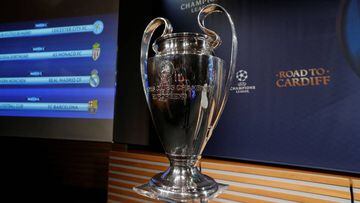 The UEFA Champions League trophy is pictured after the draw of the quarterfinals in Nyon, Switzerland March 17, 2017. REUTERS/Denis Balibouse