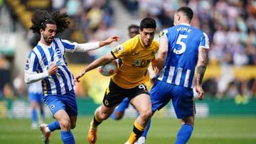 Brighton and Hove Albion's Marc Cucurella, Wolverhampton Wanderers' Raul Jimenez and Brighton and Hove Albion's Lewis Dunk (right) battle for the ball during the Premier League match at Molineux Stadium, Wolverhampton. Picture date: Saturday April 30, 2022. (Photo by Zac Goodwin/PA Images via Getty Images)