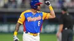 MIAMI, FLORIDA - MARCH 11: David Peralta #6 of Venezuela celebrates after hitting a double in the sixth inning against the Dominican Republic at loanDepot park on March 11, 2023 in Miami, Florida.   Eric Espada/Getty Images/AFP (Photo by Eric Espada / GETTY IMAGES NORTH AMERICA / Getty Images via AFP)
