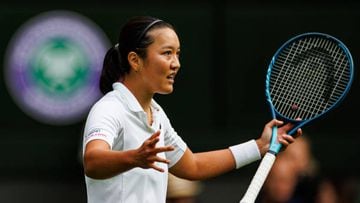 LONDON, ENGLAND - JUNE 28: Harmony Tan of France hits a back hand against Serena Williams of the United States in the first round of the women's singles during day two of The Championships Wimbledon 2022 at All England Lawn Tennis and Croquet Club on June 28, 2022 in London, England. (Photo by Frey/TPN/Getty Images)