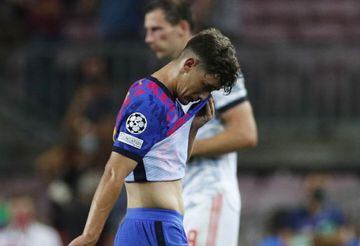 Barcelona's Gavi looks dejected after Tuesday's Champions League defeat to Bayern.