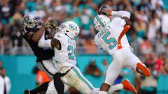 MIAMI GARDENS, FLORIDA - NOVEMBER 19: Jalen Ramsey #5 of the Miami Dolphins intercepts a pass during the fourth quarter in the game against the Las Vegas Raiders at Hard Rock Stadium on November 19, 2023 in Miami Gardens, Florida.   Megan Briggs/Getty Images/AFP (Photo by Megan Briggs / GETTY IMAGES NORTH AMERICA / Getty Images via AFP)