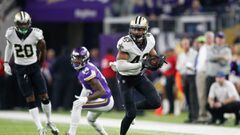 MINNEAPOLIS, MN - JANUARY 14: Marcus Williams #43 of the New Orleans Saints runs with the ball after a interception against the Minnesota Vikings during the second half of the NFC Divisional Playoff game at U.S. Bank Stadium on January 14, 2018 in Minneapolis, Minnesota.   Jamie Squire/Getty Images/AFP == FOR NEWSPAPERS, INTERNET, TELCOS &amp; TELEVISION USE ONLY ==
