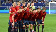 Spain's players pose for a team picture prior to the UEFA European Under-21 Championship final football match between England vs Spain at Batumi Arena in Batumi on July 8, 2023. (Photo by Vano SHLAMOV / AFP)