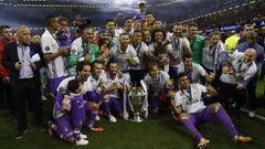 Los jugadores del Real Madrid celebran la consecuci&oacute;n de la du&oacute;decima Champions League del club blanco.