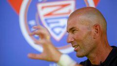 French former football player and today Real Madrid&#039;s head coach Zinedine Zidane speaks to journalists during the presentation of a sports and educational program called &quot;Zidane Five Club&quot; (ZFC), in Aix-en-Provence, southern France, on Augu