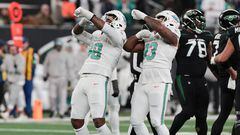 Nov 24, 2023; East Rutherford, New Jersey, USA; Miami Dolphins defensive tackle Raekwon Davis (98) and defensive tackle Da'Shawn Hand (93) celebrate after a sack during the second half at MetLife Stadium. Mandatory Credit: Vincent Carchietta-USA TODAY Sports