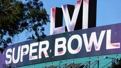 LOS ANGELES, CALIFORNIA - FEBRUARY 11: The Super Bowl LVI logo is displayed on the Los Angeles Convention Center, site of the Super Bowl Experience, the NFL&#039;s &#039;interactive football theme park&#039;, ahead of Super Bowl LVI on February 11, 2022 i