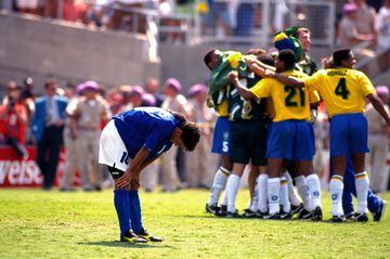 Brazil celebrate after Roberto Baggio's crucial penalty miss for Italy.