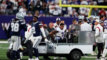 EAST RUTHERFORD, NEW JERSEY - SEPTEMBER 26: Sterling Shepard #3 of the New York Giants is carted off the field after being injured against the Dallas Cowboys during the fourth quarter in the game at MetLife Stadium on September 26, 2022 in East Rutherford, New Jersey.   Elsa/Getty Images/AFP