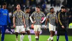 Juventus players react at the end of the Italian Serie A football match Juventus vs Udinese on February 12, 2024 at the �Allianz Stadium� in Turin. (Photo by MARCO BERTORELLO / AFP)