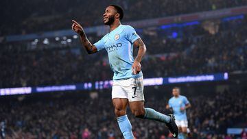 MANCHESTER, ENGLAND - DECEMBER 16:  Raheem Sterling of Manchester City celebrates after scoring his sides fourth goal during the Premier League match between Manchester City and Tottenham Hotspur at Etihad Stadium on December 16, 2017 in Manchester, England.  (Photo by Laurence Griffiths/Getty Images)