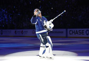 Jun 30, 2021; Tampa, Florida, USA; Tampa Bay Lightning goaltender Andrei Vasilevskiy (88) celebrates after defeating the Montreal Canadiens in game two of the 2021 Stanley Cup Final at Amalie Arena. Mandatory Credit: Kim Klement-USA TODAY Sports