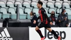 TURIN, ITALY - MAY 09: Brahim Diaz of AC Milan celebrates goal during the Serie A match between Juventus and AC Milan at Allianz Stadium on May 9, 2021 in Turin, Italy. Sporting stadiums around Italy remain under strict restrictions due to the Coronavirus