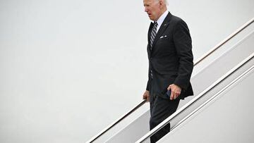 US President Joe Biden disembarks Air Force One at Delaware Air National Guard Base in New Castle, Delaware, on May 27, 2022. - Biden is spending the weekend at his Wilmington, Delaware residence. (Photo by MANDEL NGAN / AFP) (Photo by MANDEL NGAN/AFP via Getty Images)
