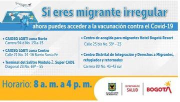 Puntos de vacunación gratuita contra el COVID-19 para población migrante irregular en Bogotá.