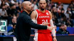 Basketball - FIBA World Cup 2023, Canada's Dillon Brooks with coach Jordi Fernandez REUTERS/Willy Kurniawan