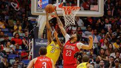 Feb 14, 2018; New Orleans, LA, USA; New Orleans Pelicans forward Anthony Davis (23) blocks a shot by Los Angeles Lakers forward Corey Brewer (3) during the second half at the Smoothie King Center. The Pelicans defeated the Lakers 139-117. Mandatory Credit: Derick E. Hingle-USA TODAY Sports