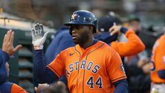 OAKLAND, CALIFORNIA - JULY 26: Yordan Alvarez #44 of the Houston Astros celebrates after scoring on a throwing error in the top of the fifth inning against the Oakland Athletics at RingCentral Coliseum on July 26, 2022 in Oakland, California.   Lachlan Cunningham/Getty Images/AFP
== FOR NEWSPAPERS, INTERNET, TELCOS & TELEVISION USE ONLY ==