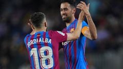 Sergio Busquets of FC Barcelona celebrates with his teammate Jordi Alba after scoring the 2-0 during the La Liga match between FC Barcelona and RCD Mallorca played at Camp Nou Stadium on May 01, 2022 in Barcelona, Spain.