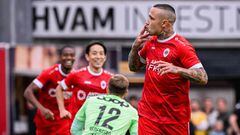 Antwerp's Radja Nainggolan celebrates after scoring during the match between Belgian soccer team Royal Antwerp FC RAFC and Norwegian team Lillestrom SK, Thursday 04 August 2022, in Kjeller, Norway, the first leg in the third qualifying round of the UEFA Conference League competition. BELGA PHOTO LAURIE DIEFFEMBACQ (Photo by LAURIE DIEFFEMBACQ / BELGA MAG / Belga via AFP) (Photo by LAURIE DIEFFEMBACQ/BELGA MAG/AFP via Getty Images)