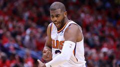 Chris Paul of the Phoenix Suns reacts during the second half of Game Three of the Western Conference First Round game against the New Orleans Pelicans.