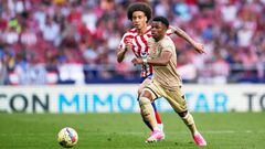 MADRID, SPAIN - APRIL 16: Axel Witsel of Atletico de Madrid competes for the ball with Largie Ramazani of UD Almeria during the LaLiga Santander match between Atletico de Madrid and UD Almeria at Civitas Metropolitano Stadium on April 16, 2023 in Madrid, Spain. (Photo by Mateo Villalba/Quality Sport Images/Getty Images)